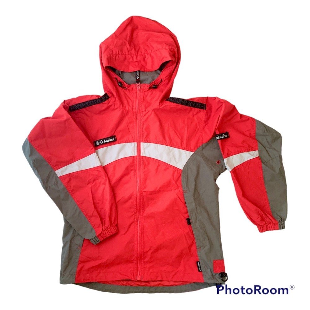 Columbia Packable Windbreaker Shell Jacket Red/Gray Hood Full Zip Women's S